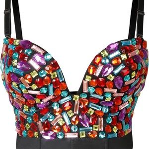 Charmian Women's Spaghetti Straps Rhinestone Beaded Bustier Crop Top Bra - Large